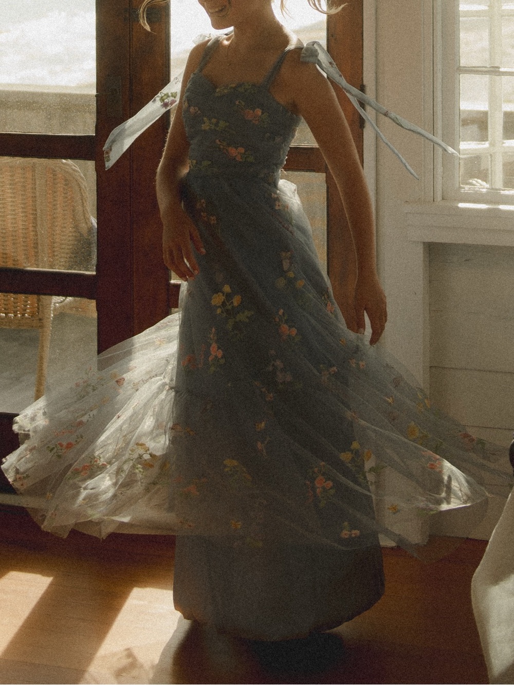 Girls' Floral Tulle Formal Dress in Dusty Blue